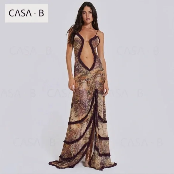 NEW to CASA B💫|Seraphina Sheer Cut-Out Frill Leopard Script Print Maxi dress - Picture 10 of 16